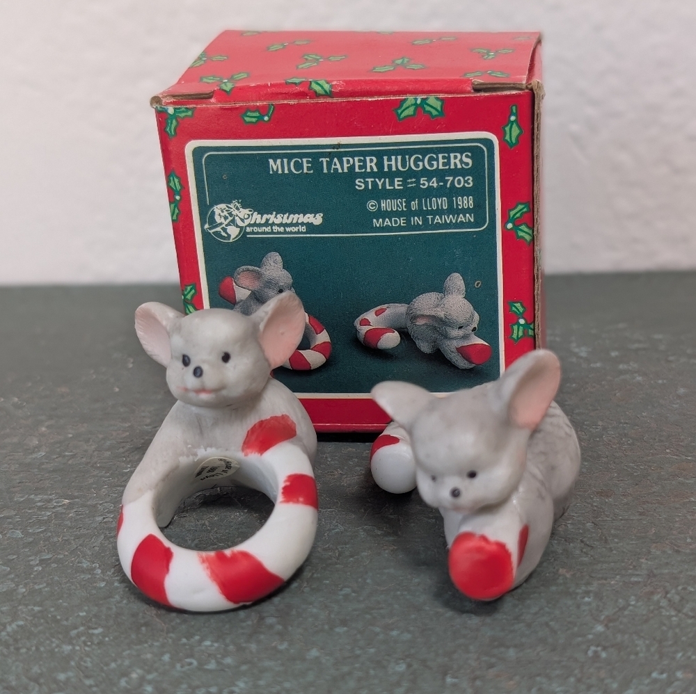 VTG House Of Lloyd Christmas Mouse Mice Taper Candle Huggers Ceramic Set of 2